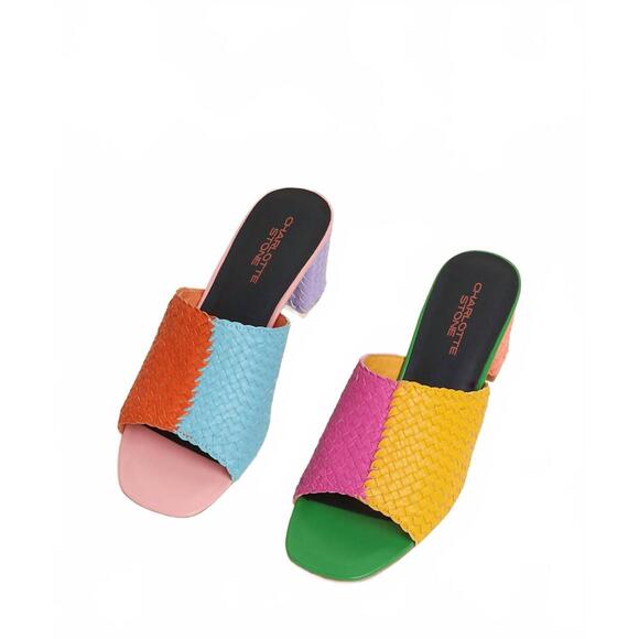 NEW CHARLOTTE STONE women's lenu woven block heel mule sandal in kortman - Picture 1 of 7